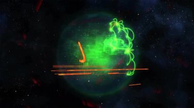 Starfield küre başlatılıyor simge soluyor ve metin dönüşümlü neon girdabı acil durum alarmı. Fütürist, teknoloji, siber güvenlik, dijital, arayüz, uyarı, görselleştirme