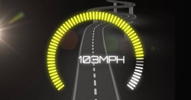 Araba paneli ve siyah arka plandaki yol görüntüsü. Seyahat ve dijital arayüz konsepti dijital olarak oluşturuldu.