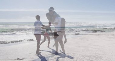 Sahilde eğlenen mutlu Afro-Amerikan çifti tasviri. Tatiller, tatiller, aşk, ilişki ve rahatlama konsepti dijital olarak oluşturulmuş imaj.