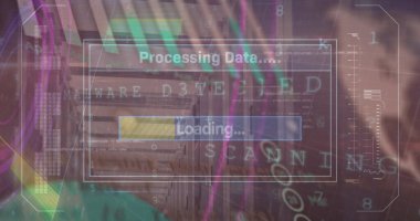 Sunucu odasında veri işleme resmi. Küresel teknoloji, bilgisayar ve dijital arayüz kavramı dijital olarak oluşturulmuş görüntü.