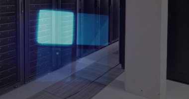 Bilgisayar sunucu odasında yanıp sönen mavi neon karelerin veri yükleme resmi. Küresel iletişim, iş, veri ve dijital arayüz kavramı dijital olarak oluşturulmuş görüntü.