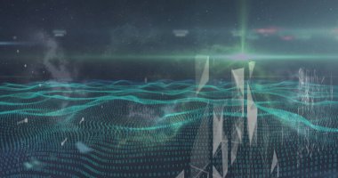 Kara zemin üzerinde veri işleme ve bağlantı ağına sahip dalgaların görüntüsü. Küresel teknoloji, bağlantılar ve dijital arayüz konsepti dijital olarak oluşturuldu.