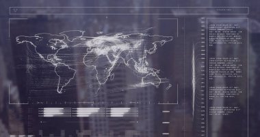 Dijital arayüzde dünya haritası olan finans verilerinin resmi. Dijital bileşik, çoklu maruz kalma, küresel iş, teknoloji, bulut hesaplama, gelişme, ekonomi. , kodlama.