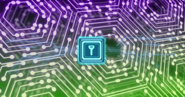 Bağlantı ağı üzerinde anahtar simgesinin resmi. Küresel iş ve dijital arayüz kavramı dijital olarak oluşturulmuş görüntü.