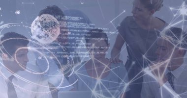 Ofisteki Kafkas iş adamlarının veri işleme görüntüsü. Küresel iş ve dijital arayüz kavramı dijital olarak oluşturulmuş görüntü.