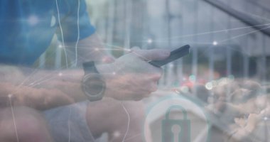 Noktaları birleştiren ağ görüntüsü, merdivenlerde otururken telefonda müzik dinleyen beyaz bir adam. Dijital bileşim, çoklu pozlama, noktaları birleştirme, refah, sağlıklı yaşam tarzı, teknoloji.