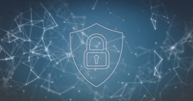 Beyaz kalkan amblemi, asma kilit simgesi, düğümleri ve çizgileri olan soyut dijital ağı emniyete alıyor. Siber güvenlik, koruma, güvenlik, teknoloji, yenilik, dijital, ağ