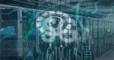 Sunucu odasında 5G ve veri işleme alanının görüntüsü. Küresel teknoloji, bilgisayar ve dijital arayüz kavramı dijital olarak oluşturulmuş görüntü.