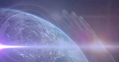 Işık noktaları ve yuvarlak tarayıcı görüntüsü ve mavi arkaplanda el ikonu. Küresel ağ ve iş teknolojisi kavramı