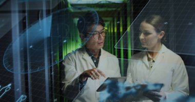 Sunucu odasındaki çeşitli çalışanların veri işleme görüntüsü. Küresel iş ve dijital arayüz kavramı dijital olarak oluşturulmuş görüntü.