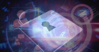 Siyah arkaplanda veri işleme üzerine asma kilit simgesi resmi. Küresel teknoloji, çevrimiçi güvenlik ve dijital arayüz kavramı dijital olarak oluşturulmuş görüntü.