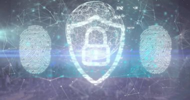 Mavi zemin üzerinde veri işleme ve dijital asma kilit görüntüsü. Dijital arayüz teknolojisi ve ağ konsepti dijital olarak oluşturuldu.