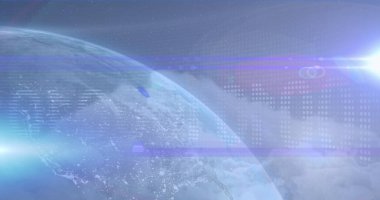 Dünya 'nın yüzen yarımküresi uzayda dijital şebeke ve noktayı yıldızlarla ve merceklerle gösteriyor. Gezegen, teknoloji, yenilik, fütüristik, veri, evren, bağlantı