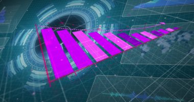 Dünya haritası ve karanlık arayüzdeki grafiklerle veri işleme üzerinde pembe grafik. Küresel iletişim, iş, veri ve dijital arayüz kavramı dijital olarak oluşturulmuş görüntü.