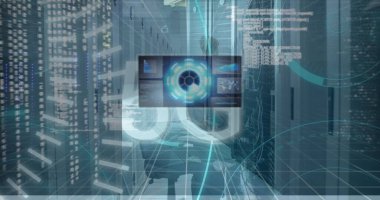 Veri işleme görüntüsü ve sunucu odasındaki çeşitli iş adamlarının üzerinde 5G. Küresel teknoloji, bilgisayar ve dijital arayüz kavramı dijital olarak oluşturulmuş görüntü.