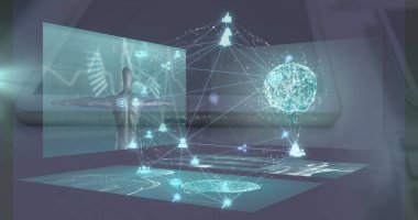 Masanın üstüne holografik arayüz yansıtılıyor, veri panelleri ve süzülen 3 boyutlu beyin modeli. Gelecekçi, yenilikçi, dijital, teknoloji, arayüz, sinirsel, sanal