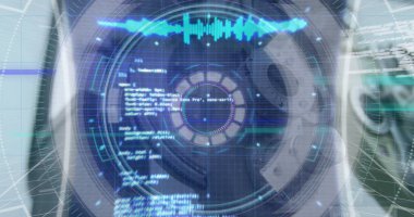 Optik ekipman üzerinden veri işleme görüntüsü. Küresel iş ve dijital arayüz kavramı dijital olarak oluşturulmuş görüntü.