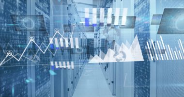 Boş bilgisayar sunucu odasına karşı istatistiksel veri işleme resmi. İş verileri ve depolama teknolojisi kavramı