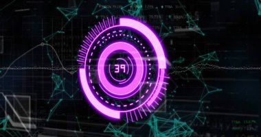 Siyah arkaplandaki bağlantıların üzerinde sayılar olan mor çember resmi. Bilgisayarlar, veri işleme ve teknoloji konsepti dijital olarak oluşturuldu.