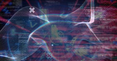 Dijital uzayda veri işleme üzerinden dalga ve şekillerin görüntüsü. Veri işleme, küresel ağ ve teknoloji konsepti dijital olarak oluşturulmuş görüntü.