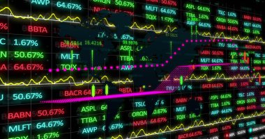 Finansal verileri ve grafikleri olan dijital ekran resmi. Küresel finans, ekonomi ve teknoloji kavramı dijital olarak üretilen görüntü.