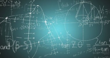 Yeşil arkaplanda matematik formüllerinin resmi. Bilim, matematik, bilgi ve eğitim konsepti dijital olarak oluşturulmuş imaj.