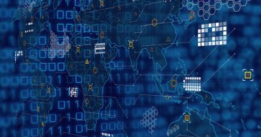 Veri işleme üzerine simgelerle bağlantı ağının resmi. Küresel teknoloji hesaplama ve dijital arayüz konsepti dijital olarak oluşturuldu.