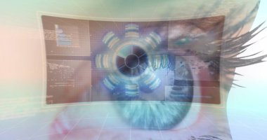 Kafkasyalı bir kadının gözünün üzerinde veri işleme sistemi olan dijital ekran görüntüsü. Veri işleme, iletişim, biyonik göz ve teknoloji konsepti dijital olarak oluşturulmuş görüntü.