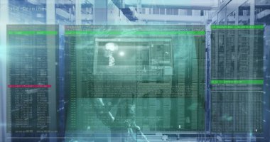 Bilgisayar sunucuları üzerinden tıbbi veri işleme resmi. Küresel hesaplama, bağlantılar, veri işleme ve dijital arayüz kavramı dijital olarak oluşturuldu.