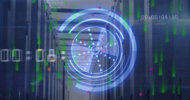 Sunucu odasında veri işleme ile tarama kapsamı resmi. Küresel teknoloji, çevrimiçi güvenlik ve dijital arayüz kavramı dijital olarak oluşturulmuş görüntü.
