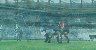 Stadyumdaki çeşitli ragbi oyuncularının veri işleme görüntüleri. Küresel spor, bilgisayar ve dijital arayüz kavramı dijital olarak oluşturulmuş görüntü.