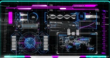 Analiz sistemi, işlevi ve analizi ile grafiksel bilgi arayüzü görüntüsü tamamlandı. Metin, hologram, dijital kompozit, çoklu pozlama, tarama, veritabanı, geleceksel, teknoloji.