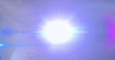 Mavi arka planda dünya üzerinde parlak bir ışık görüntüsü. Küresel ağ ve iş teknolojisi kavramı