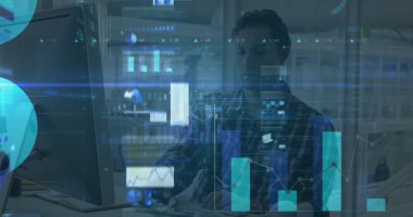 Kafkas işadamının veri işleme görüntüsü. Küresel iş ve dijital arayüz kavramı dijital olarak oluşturulmuş görüntü.