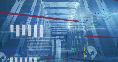 Bilgisayar sunucusu arka planında istatistik ve veri işleme resmi. Küresel veri işleme, dijital arayüz ve bağlantılar konsepti dijital olarak oluşturulmuş resim.