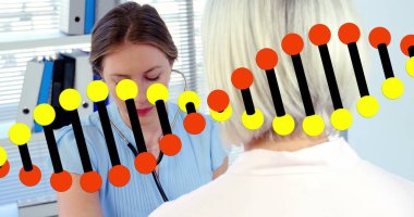 DNA yapısı beyaz kadın doktor üzerinde DNA yapısına sahip DNA yapısına karşı tablet kullanıyor. Küresel öğrenme bilimi veri işleme teknolojisi ve bağlantı konsepti dijital olarak oluşturulmuş görüntü.