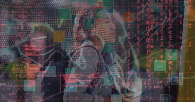 Telefon kulaklığı kullanan iş adamlarının mali veri işleme görüntüsü. Dijital arayüz teknolojisi ve ağ konsepti dijital olarak oluşturuldu.