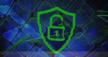 Siyah arkaplanda parlayan karelerin üzerindeki asma kilit simgesi. Küresel teknoloji, çevrimiçi güvenlik ve dijital arayüz kavramı dijital olarak oluşturulmuş görüntü.