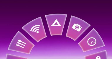 Image of travel icons spinning on pink background. Global travel, technology, digital interface and data processing concept digitally generated image.