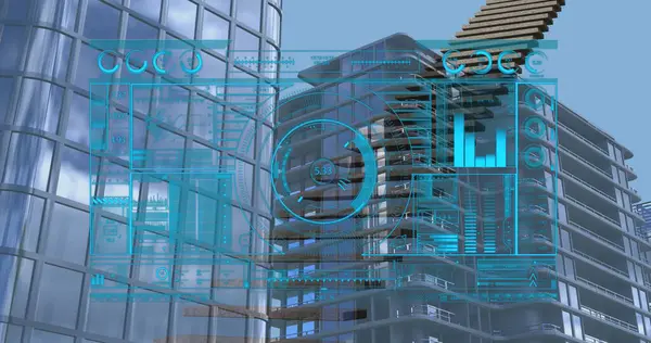 Yüksek binalara karşı merdiven ikonu üzerinde veri işleme arayüzü görüntüsü. İş verileri ve analitik teknoloji kavramı