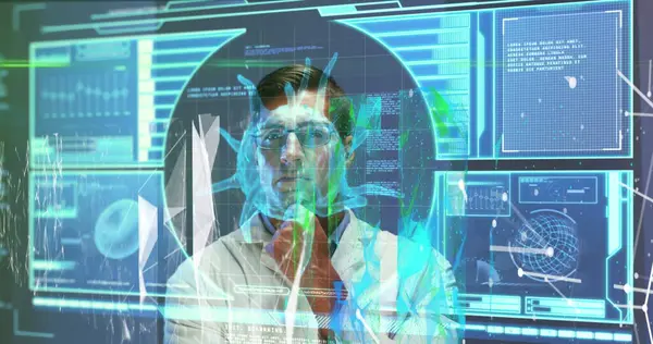Kafkas erkek doktor üzerinde virüs hücreleriyle veri işleme görüntüsü. Küresel tıp, bilim ve dijital arayüz kavramı dijital olarak üretilen görüntü.