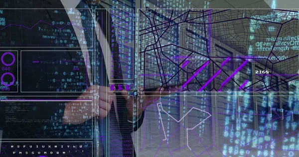 Beyaz iş adamının sunucu odasında veri işleme görüntüsü. Küresel iş ve dijital arayüz kavramı dijital olarak oluşturulmuş görüntü.