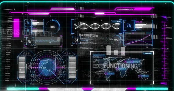 Analiz sistemi, işlevi ve analizi ile grafiksel bilgi arayüzü görüntüsü tamamlandı. Metin, hologram, dijital kompozit, çoklu pozlama, tarama, veritabanı, geleceksel, teknoloji.