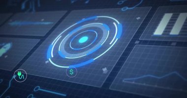 Merkezi halka saat yönünde parlıyor ve dönüyor, ikonlar eko finansmanı görselleştirmek için yörüngeye düşüyorlar. Gelecek, teknoloji, sürdürülebilirlik, veri görselleştirme, finansal, ekolojik bilinç, dijital arayüz