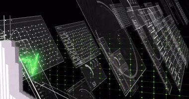 Yükselen beyaz çubuklar yeşil grafik titreşimli paneller ve analitik için dönen dünya şeklinde kıvılcım saçıyor. Veri görselleştirme, bilgi grafikleri, 3D görüntüleme, dijital arayüz, finansal analiz, teknoloji, yenilik