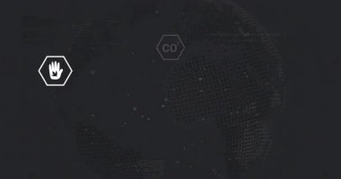 Ekranda dönen noktalı küre, çevresel verileri göstermek için kümelenmiş metrik simgeleri ortaya çıkarıyor. Sürdürülebilirlik, eko, dijital, analitik, yenilik, yenilenebilir, teknoloji