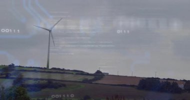 Yanlız rüzgar türbini dönüyor, devreleri çalıştırıyor parlayan ikili haneli rakamları alanlar arasında gönderiyor. Yenilenebilir, enerji, dijital, geleceksel, manzara, teknoloji, yenilik