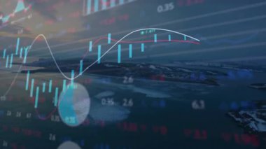 Alacakaranlık Denizi fırlatması değişen şamdanlar sergiliyor, piyasa eğilimlerini gösteren titreşimli grafikler. Özet, veri, görselleştirme, grafikler, analitik, teknoloji, modern