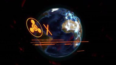 Sürüklenen kırmızı parçacıklar Dünya 'nın üzerine çullanan alarm ikonu, mavi yaylar acil mesaj flaşı yayıyor. Teknolojik, siber güvenlik, dijital, fütüristik, ağ, iletişim, uyarı