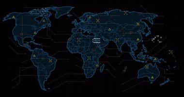 Mavi ana hat izleme haritası küresel veri akışını gösteren bal peteği bağlantılarını genişleten solgun simgeleri başlatıyor. Teknoloji, bağlantı, analitik, dijital, ağ, görselleştirme, yenilik